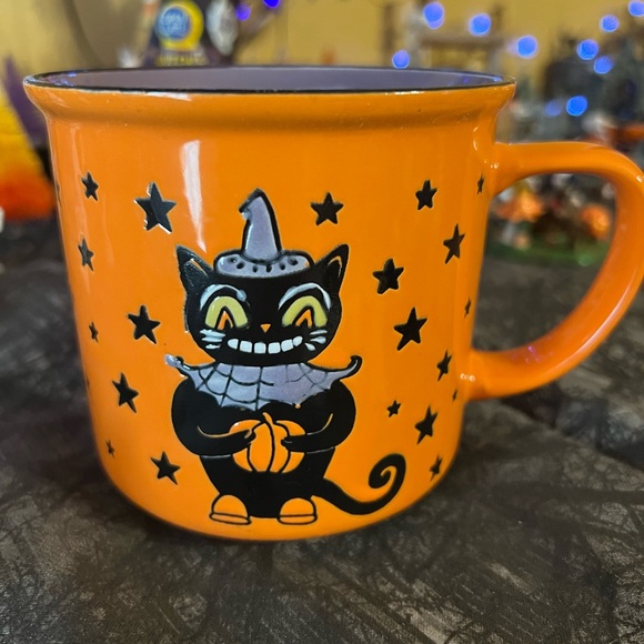 Halloween Stoneware Grinning Black Cat Camper Mug Stars Hat Pumpkin - Picture 4 of 7